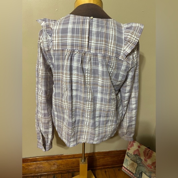 Ann Taylor LOFT  Women Frosted Lavender Plaid Ruffle Cropped Blouse, L Prairie - Picture 7 of 12